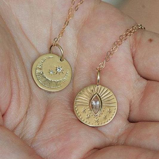 Three-dimensional Sun Moon Round Coin Zircon Necklace