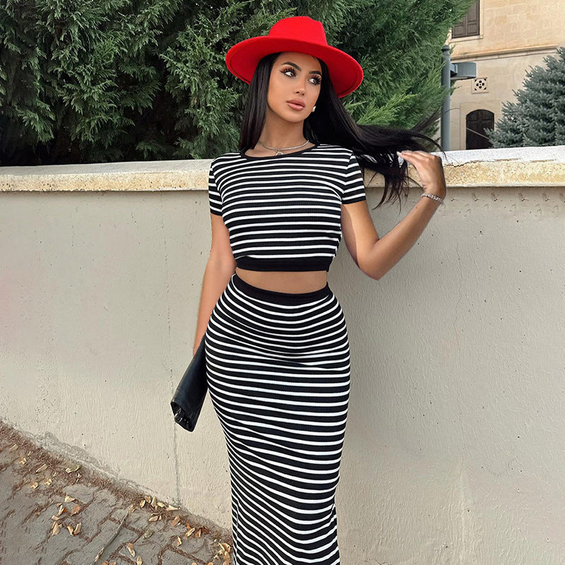 Small Sunken Stripe Casual Striped Backless Short Sleeve Top Slim-fit Skirt