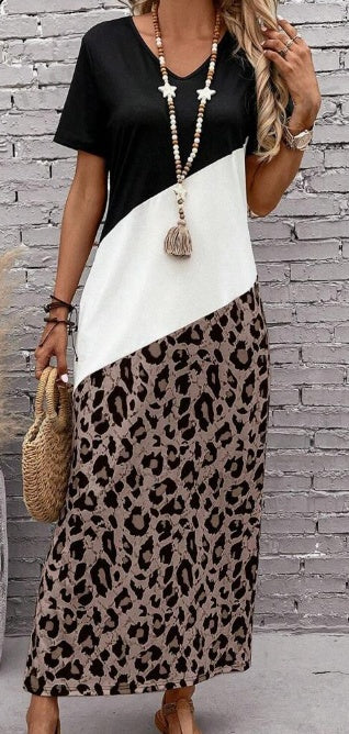 Leopard Print Colorblock Long Summer Tee Dress With Seelves