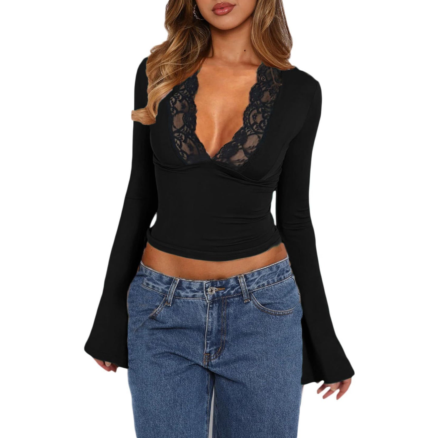 Slim V-neck Lace T-Shirt