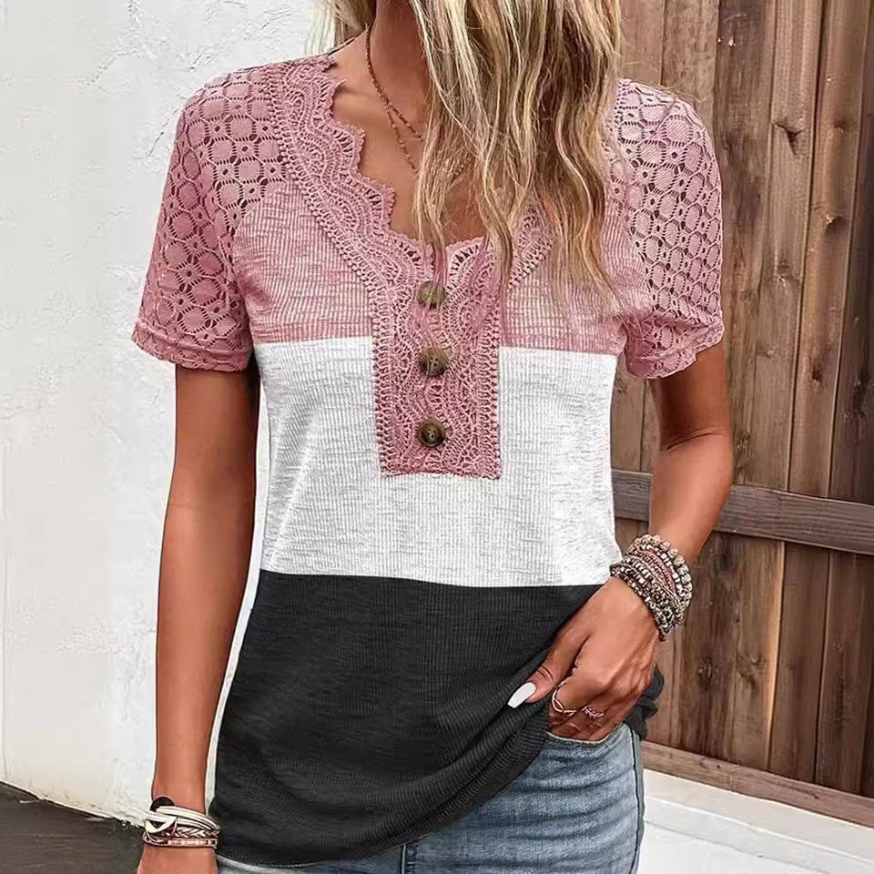 Women's Casual Lace Patchwork Short-sleeved T-shirt