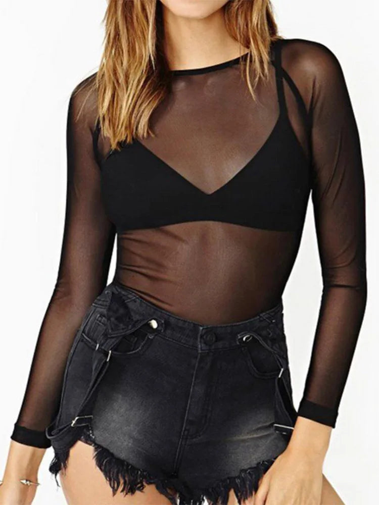 Long Sleeve Sexy Black Mesh Top T Shirts