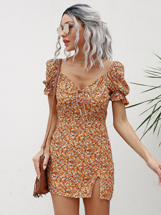 Floral Puff Sleeve Waist Slimming Dress