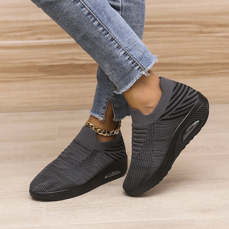 New Stripe Design Mesh Shoes Fashion Slip On Air Cushion Shoes Breathable Round-toe Flats Women