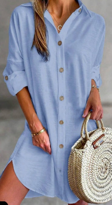 Women'S Simple Button-Down Casual Long Sleeved Shirt Dress Relaxing Resort Style Adjust Sleeve Length Shirt Dress