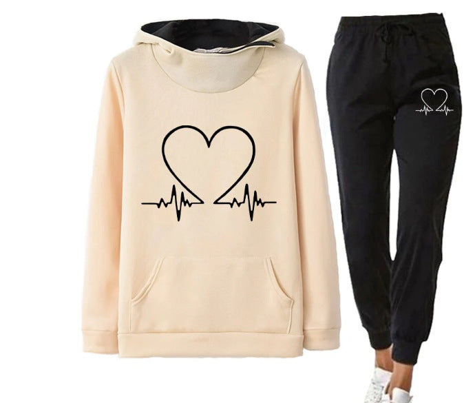 Love Heart Printed Sports Suit Hooded Sweatshirt Top And Drawstring Pants Fashion Casual Clothing For Women